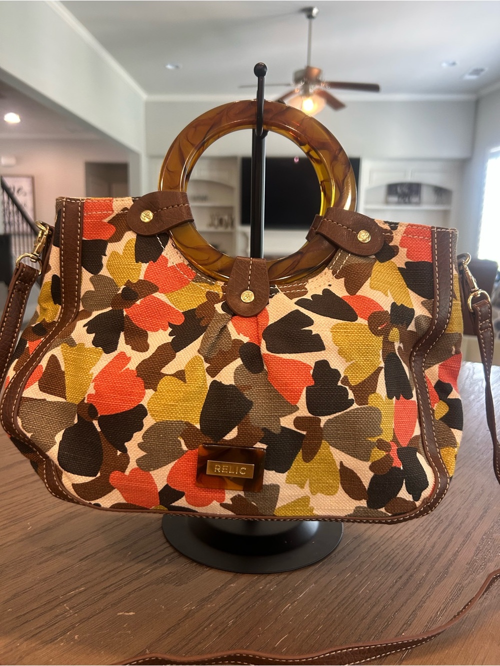 Relic Brown Floral Canvas Tote with Amber Ring Handles and Orange/Yellow Accents